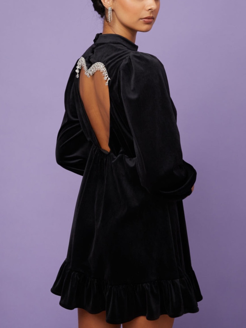 Sister Jane Midnight Black Velvet Mini Dress with Crystal-Trim Heart Back